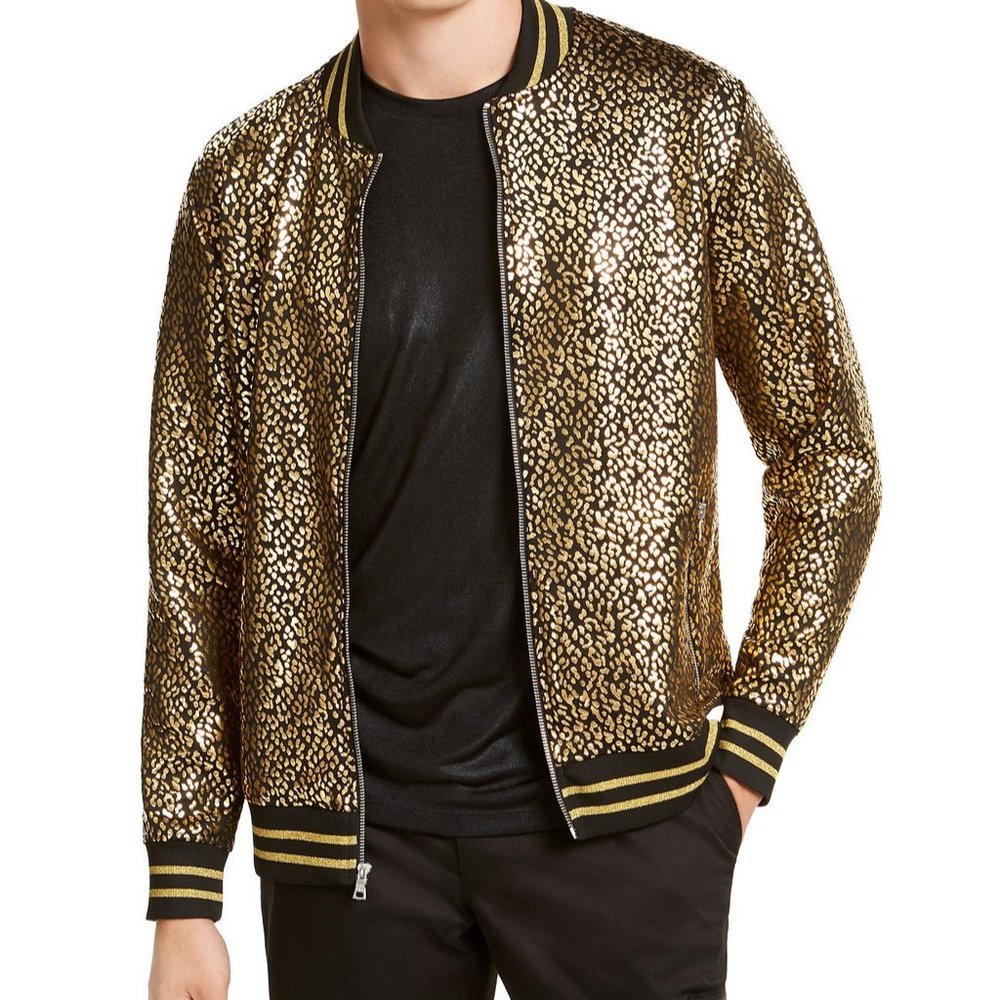 INC International Concepts Gold and Black Sequin Bomber Jacket